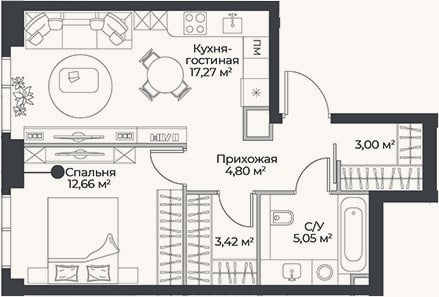 Планировка: 2-к, 46,2 м²