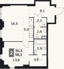 Планировка: 2-к, 56,1 м²