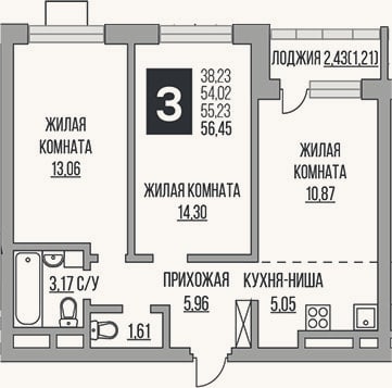 Планировка: 3-к, 54 м²