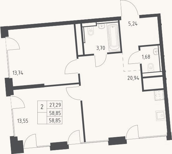 Планировка: 3-к, 58,9 м²