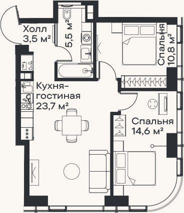 Планировка: 3-к, 58,1 м²