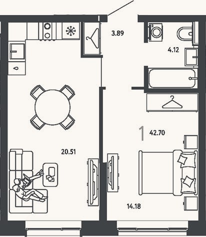 Планировка: 1-к, 42,7 м²