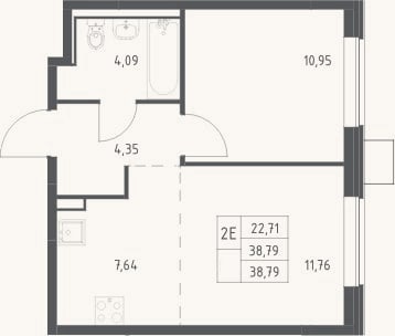 Планировка: 2-к, 38,8 м²