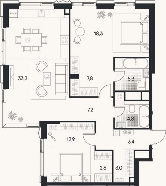 Планировка: 3-к, 99,6 м²