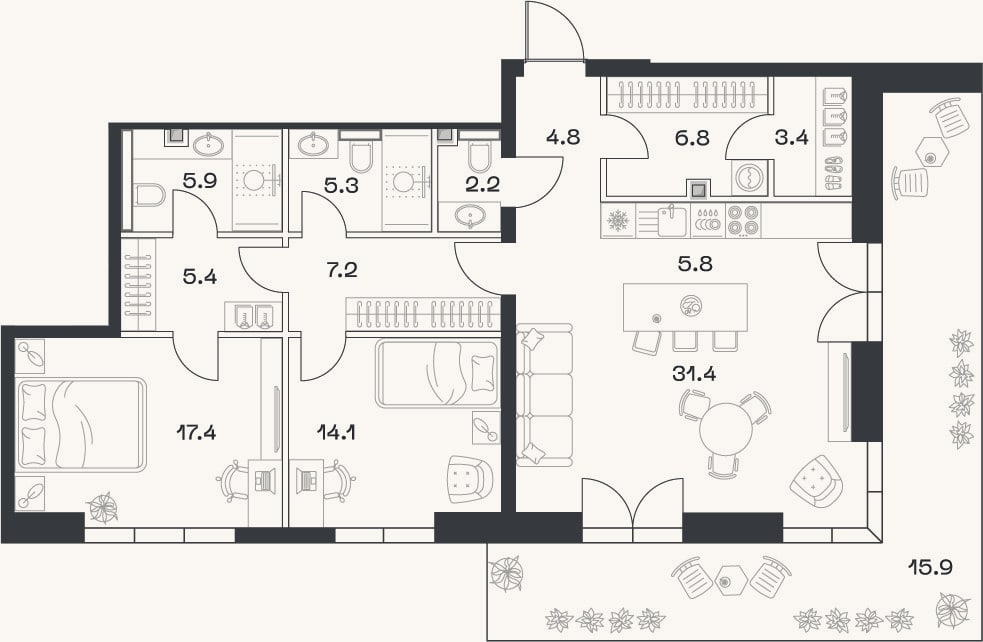 Планировка: 3-к, 109,9 м²