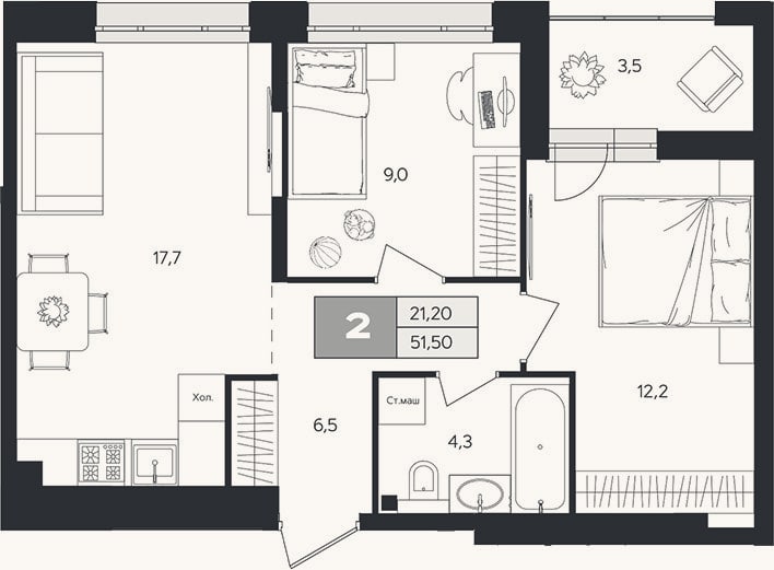 Планировка: 2-к, 49,8 м²
