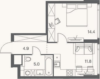 Планировка: 1-к, 36,1 м²
