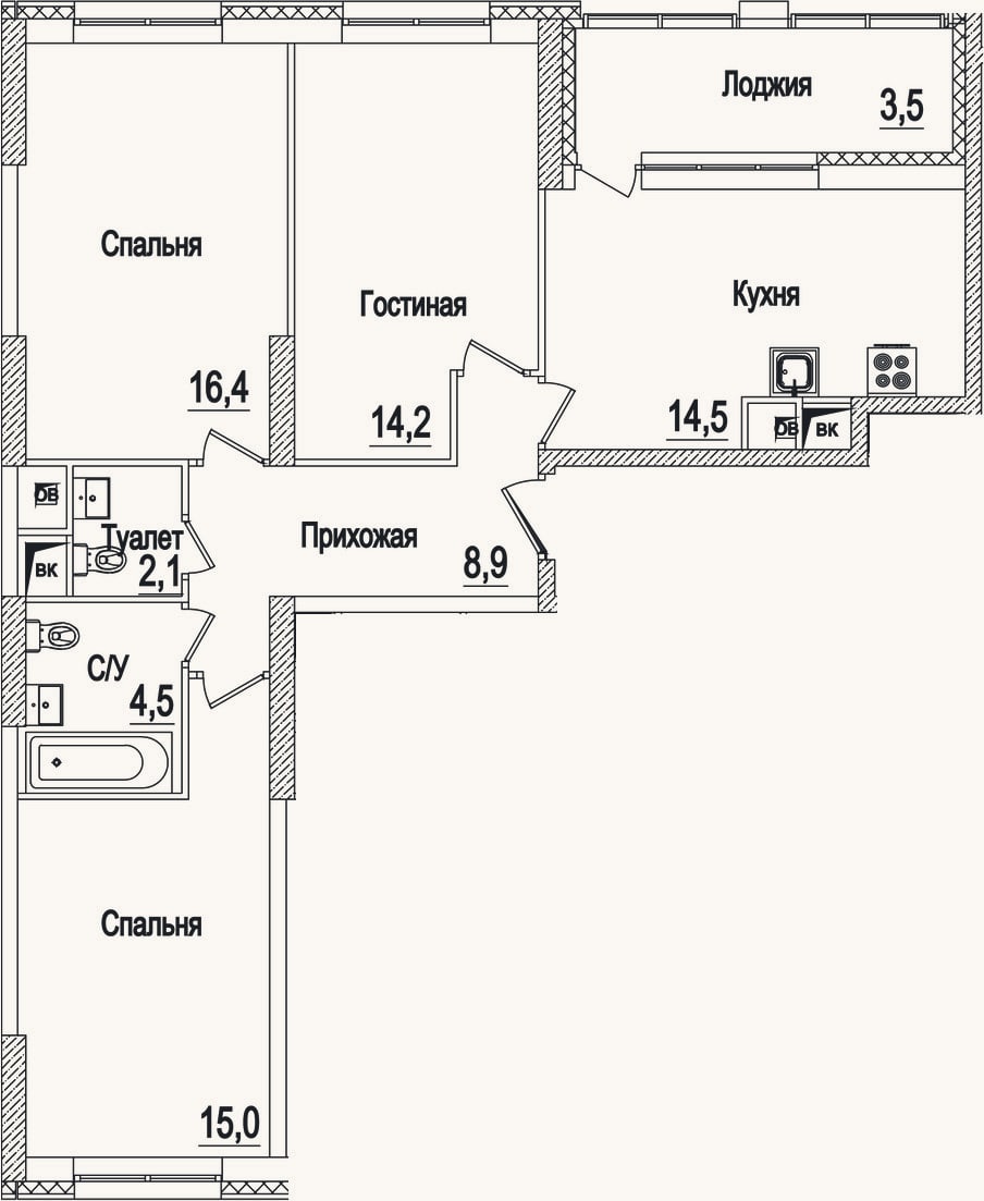 Планировка: 3-к, 76,1 м²