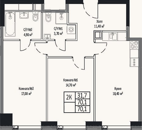 Планировка: 2-к, 70,1 м²