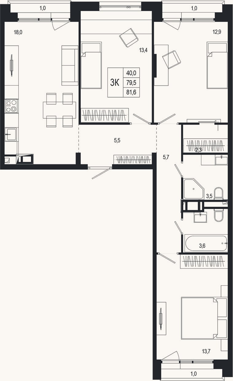 Планировка: 3-к, 81,9 м²
