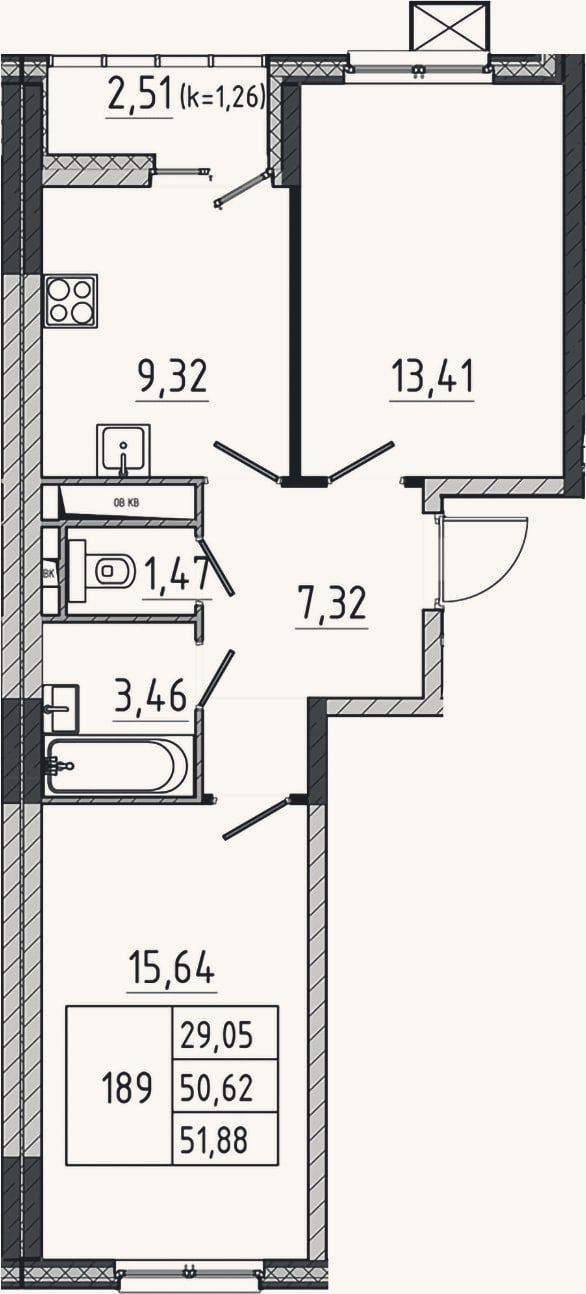 Планировка: 2-к, 50,6 м²