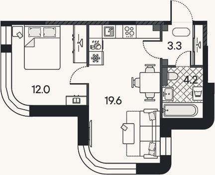 Планировка: 2-к, 39,1 м²