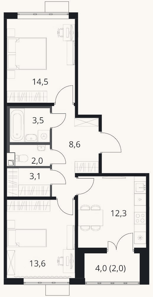 Планировка: 2-к, 57,6 м²