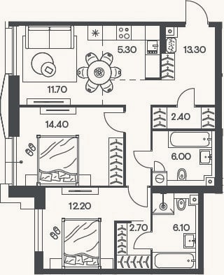 Планировка: 3-к, 74,1 м²