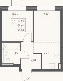 Планировка: 2-к, 34,6 м²