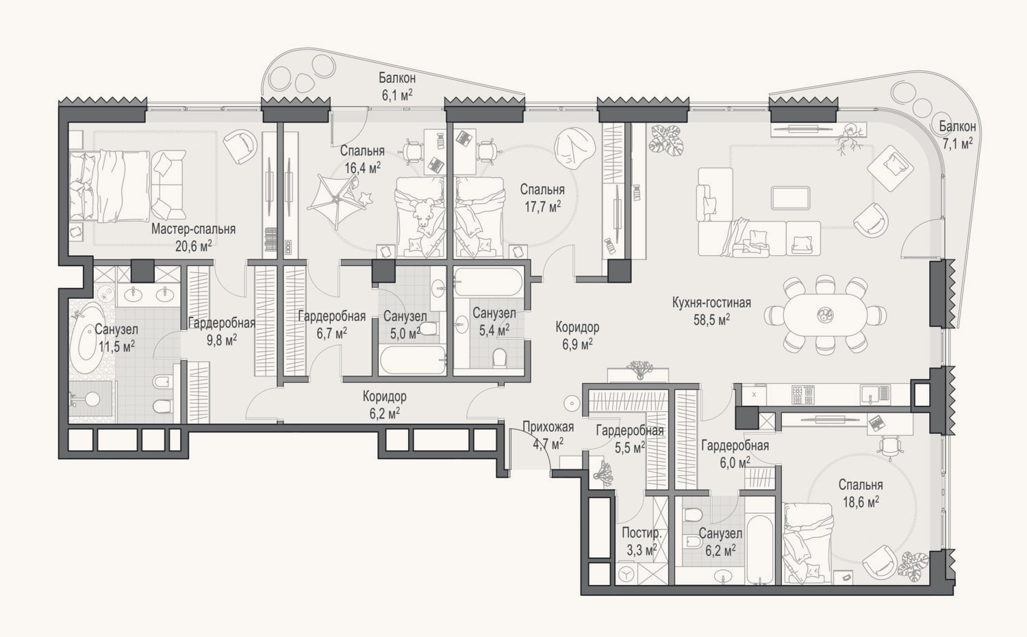 Планировка: 4+ к, 209 м²