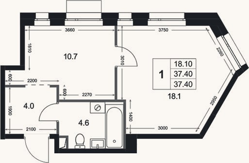 Планировка: 1-к, 37,4 м²