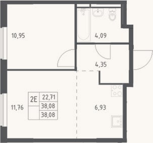 Планировка: 2-к, 38,1 м²