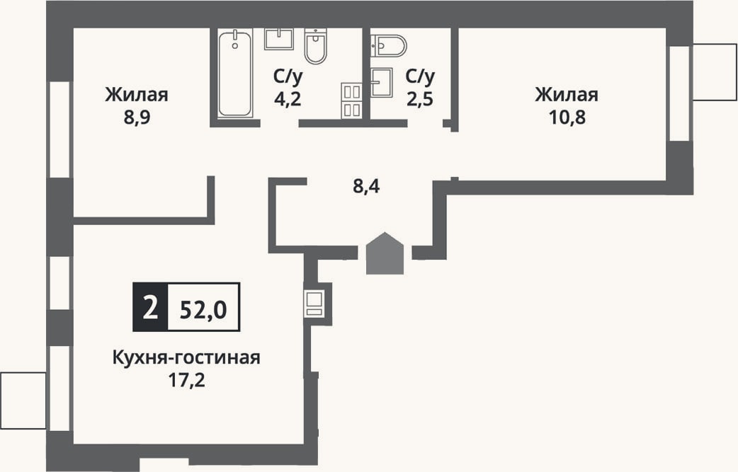 Планировка: 3-к, 52 м²