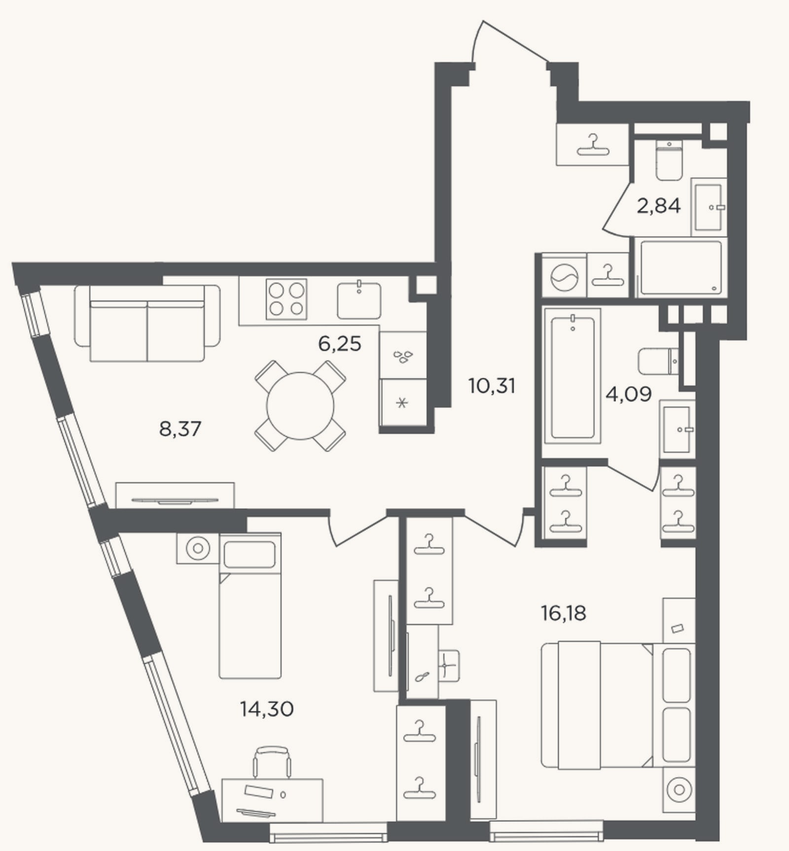 Планировка: 2-к, 62,3 м²