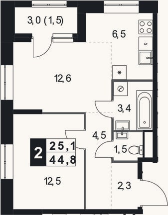Планировка: 2-к, 43,3 м²