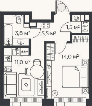 Планировка: 1-к, 35,8 м²