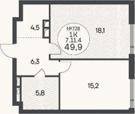 Планировка: 1-к, 49,9 м²
