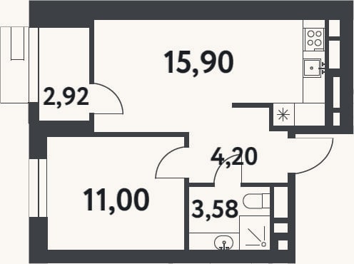 Планировка: 1-к, 34,7 м²
