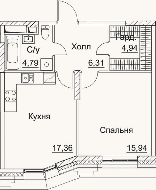 Планировка: 1-к, 49,3 м²