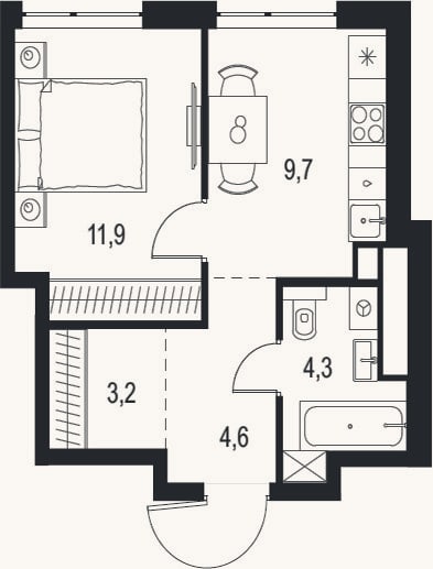 Планировка: 1-к, 33,7 м²