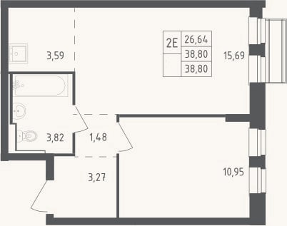 Планировка: 2-к, 38,8 м²