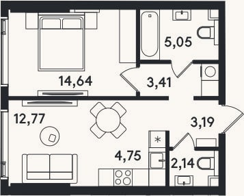 Планировка: 2-к, 46 м²