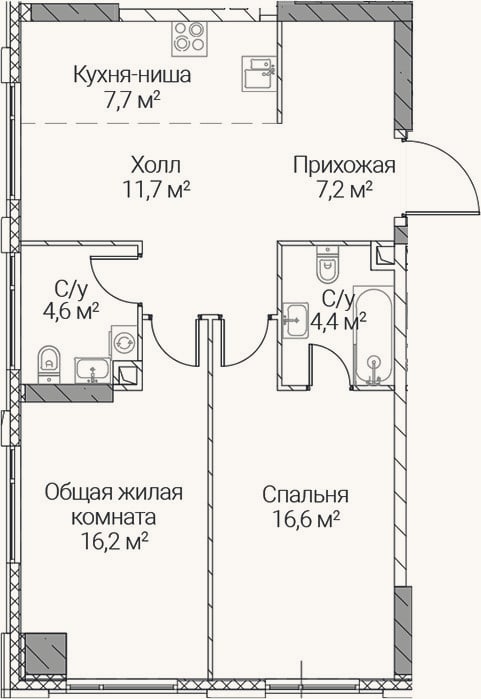 Планировка: 3-к, 68,4 м²