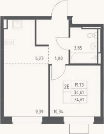 Планировка: 2-к, 34,6 м²