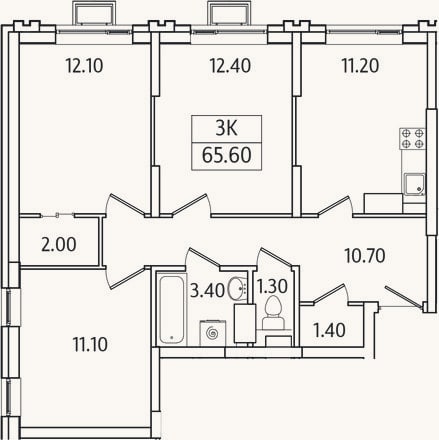 Планировка: 3-к, 65,6 м²