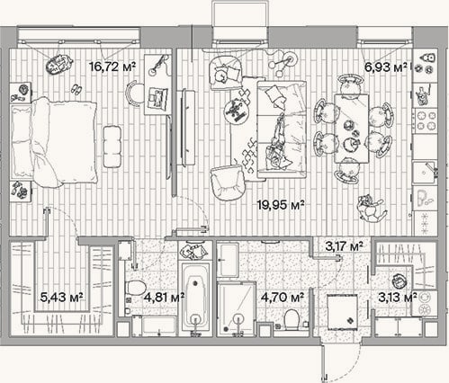 Планировка: 2-к, 64,8 м²