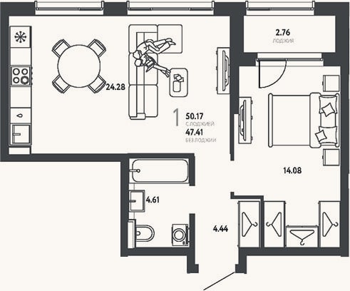 Планировка: 1-к, 47,4 м²