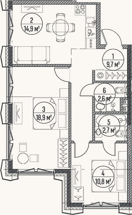 Планировка: 2-к, 59,6 м²