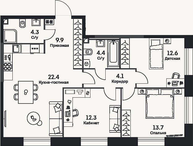 Планировка: 4+ к, 83,7 м²