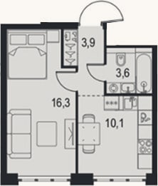 Планировка: 1-к, 33,9 м²