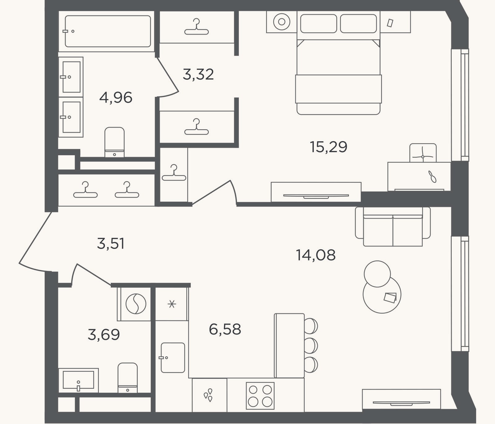 Планировка: 2-к, 51,6 м²