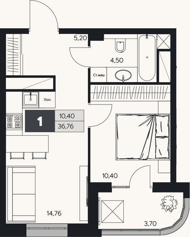 Планировка: 1-к, 34,9 м²