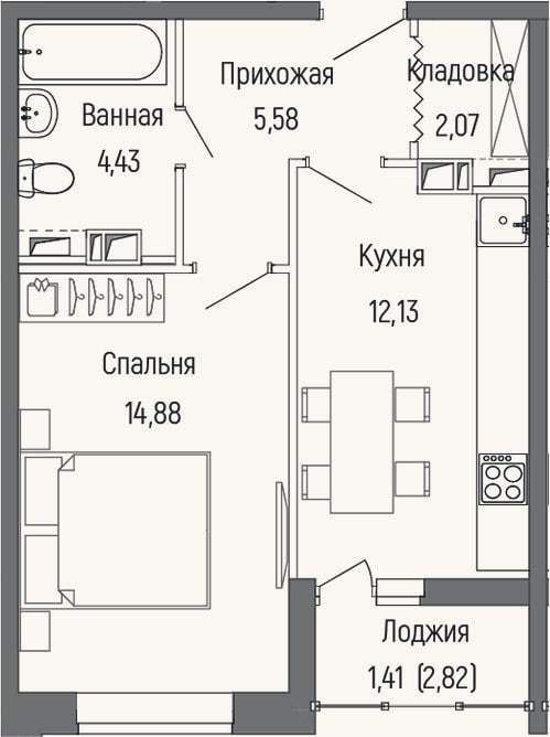 Планировка: 1-к, 39,1 м²