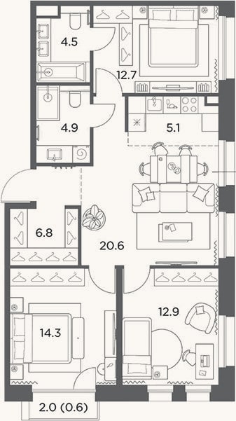 Планировка: 4+ к, 81,8 м²