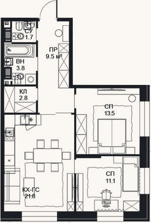 Планировка: 2-к, 64,2 м²