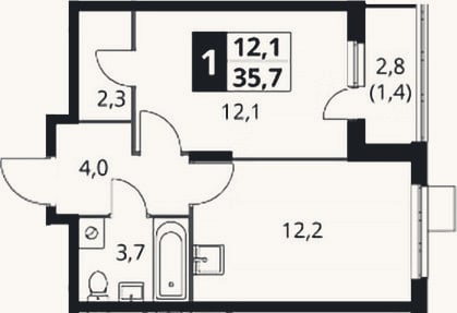 Планировка: 1-к, 34,3 м²