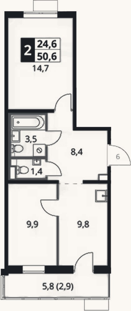 Планировка: 2-к, 47,7 м²