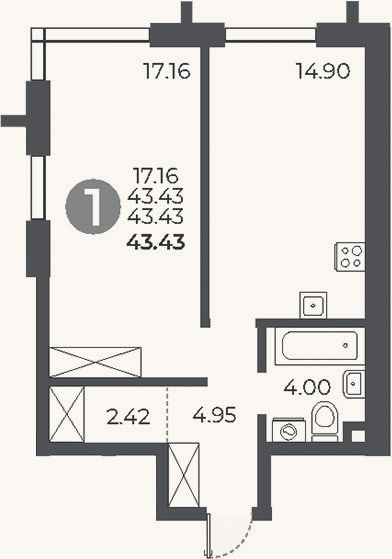 Планировка: 1-к, 43,4 м²