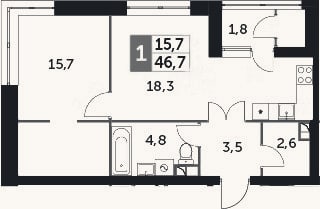 Планировка: 2-к, 45,6 м²
