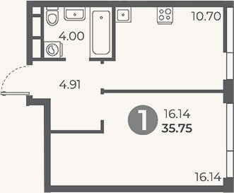 Планировка: 1-к, 35,8 м²